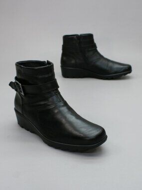 Hotter Ladies 9 US Foxton Black Leather Wedge Heels Side-zip Ankle Boots England